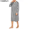 2022 New Men Plaid Sleep Robes Sleepwear Men Fashion Soft Loose Long Sleeve V Neck Button Nightgowns Casual Long Pajamas INCERUN ► Photo 2/6