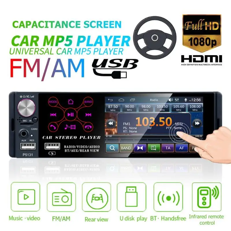 4,1 дюймов 1 Din сенсорный экран автомобиля в тире Bluetooth стереонаушники AM FM RDS радио головное устройство MP5 мультимедийный плеер