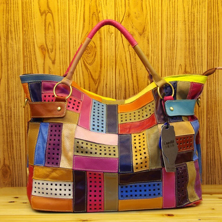 

Genuine Leather Full-grain Leather Characteristics Cool Contrast Color Pattern Trendy Bag Hand Shoulder Bag Large Bag WOMEN'S Ba
