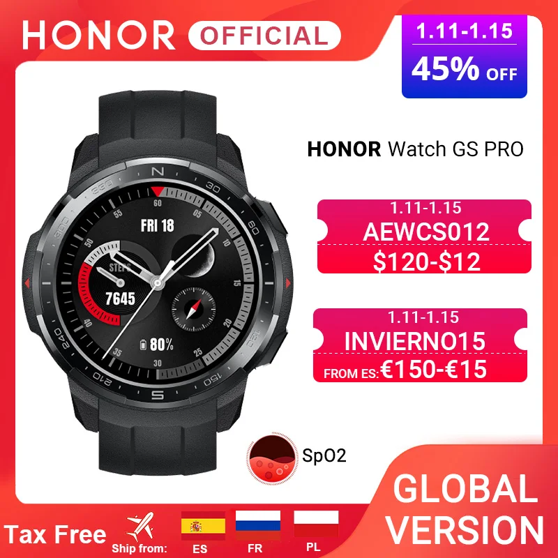  Глобальная версия Honor Watch GS Pro Смарт часы SpO2 мониторинг сердечного ритма спортивные Смарт часы Bluetooth Вызов 5ATM 25 дней батарея  $120 $12 CODE:AEWCS01…