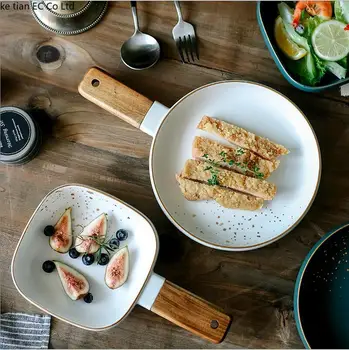 

Creative ceramic wooden handle bowl Nordic painted wooden handle salad bowl Household Ceramic Tableware Japanese Noodle Bowl