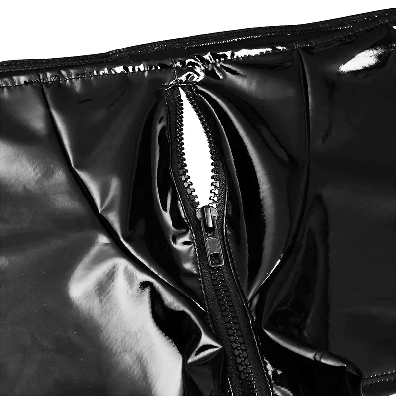 Mens Sexy Open Crotch Leather Short Pants For Sex Zipper Crotchless Shiny Patent Leather Fetish Boxer Erotic Pants men underwear