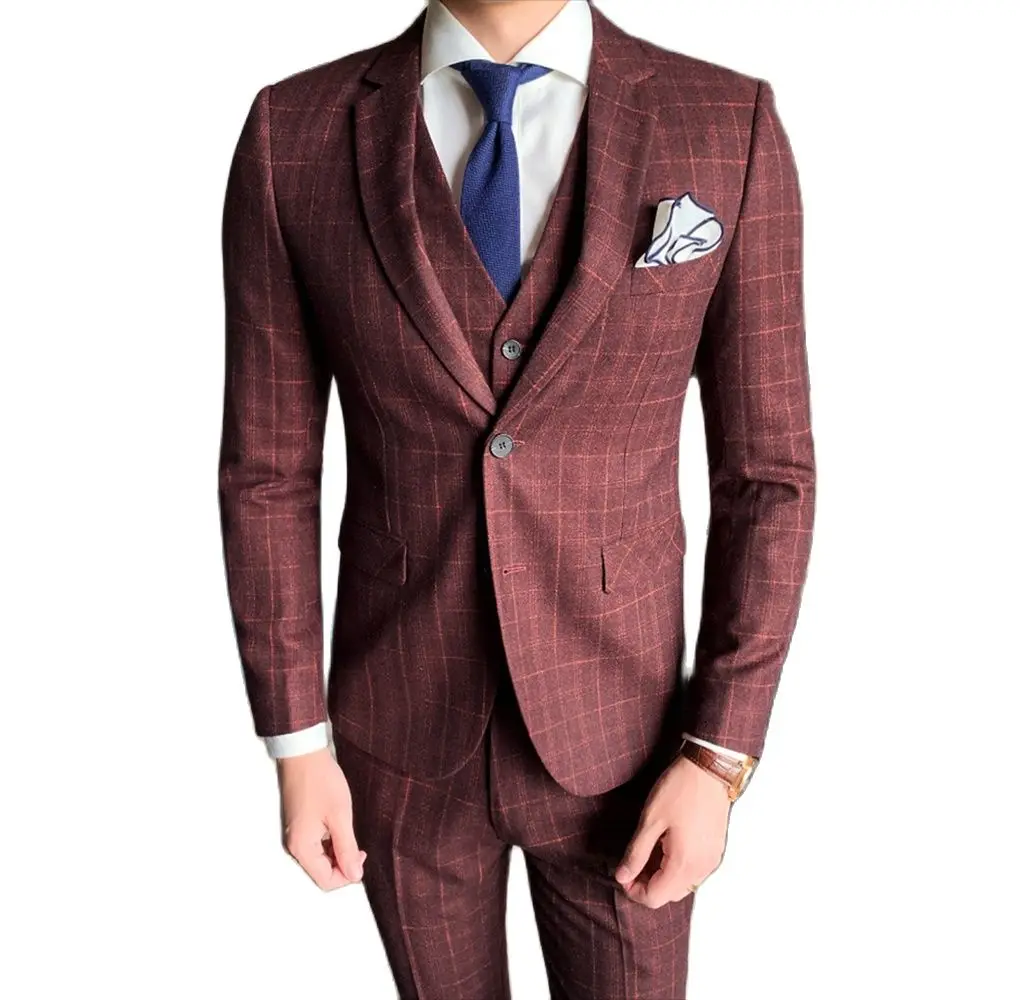 

Burgundy Plaid Wedding Men Suits Sets Notch Lapel Grid Blazer Trousers Custom Made Groom Tuxedo Party Wear Man Jacket+Pants+Vest