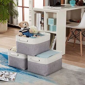 

3Pcs Storage Basket Bin Linen Fabric Built-in Soft Lining Collapsible Storage Organizer with Handles for Nursery Shelf