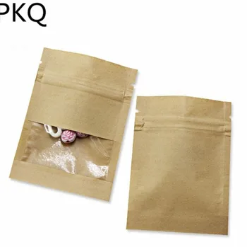 

500pcs Small Ziplock Kraft Paper Pack Bags Clear Window Cookies Biscuit Doypack bag white Zipper Storage Pouch for candy tea