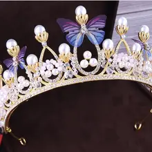 Роскошный горный хрусталь бабочка свадебная диадема корона жемчуг Прозрачная Вуаль тиары свадебные аксессуары для головных уборов