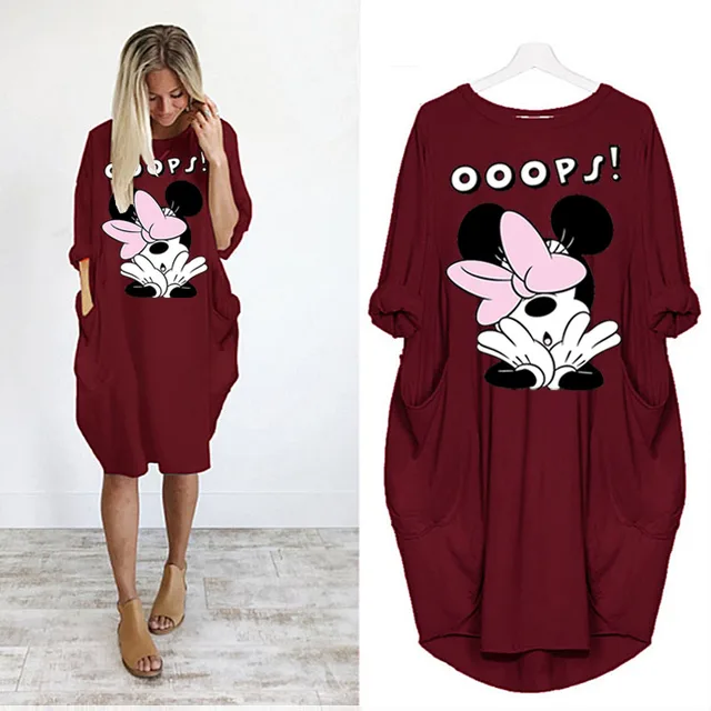 Disney Plus Size Midi Dress Long Sleeve Robe Casual Minnie Mickey Mouse Print Beach Loose Dresses Kawaii Sundress Women Clothing D002L1687 Red