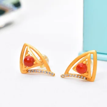 

2020 Promotion Limited Women Style Earrings, Gold-plated Triangular 925 Inlaid Semi-circular South Agate Ancient Earrings