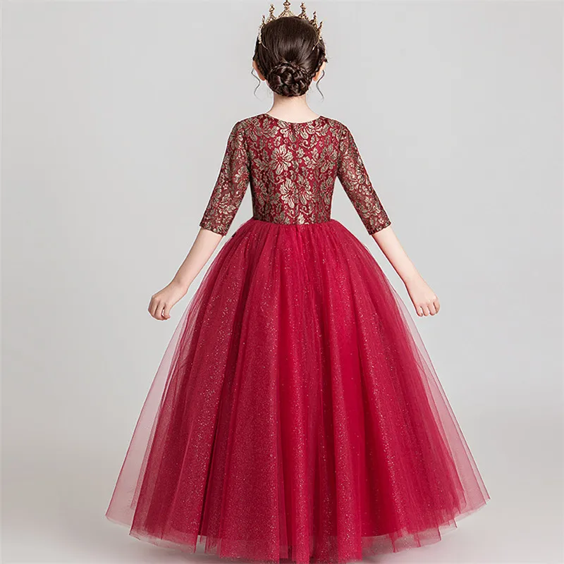3~14Years Children Girls Elegant Wine-red Luxury Florals Birthday Wedding Party Princess Fluffy Dress Kids Piano Host Dress Wear