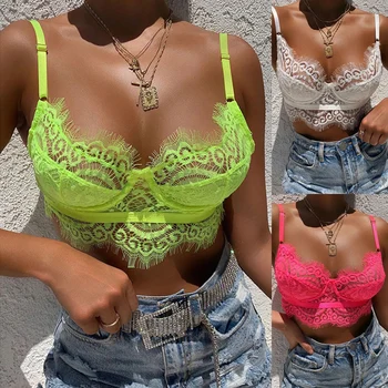 

2020 Sexy Eyelash Lace Bralette Summer Crop Tops Solid Spaghetti Strap Vest Patchwork Mesh Hollow Out Cropped