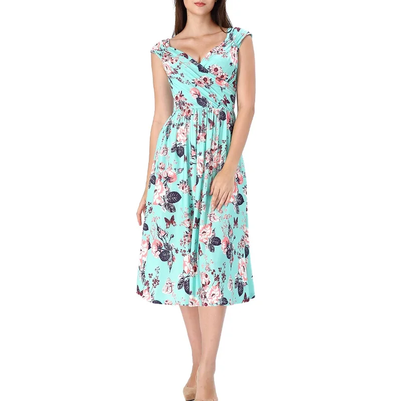 

Vfemage Women Sexy Ruched Draped Front Pockets Pleated Summer Casual Beach Party Swing Flare Skater A-Line Midi Dress 3059