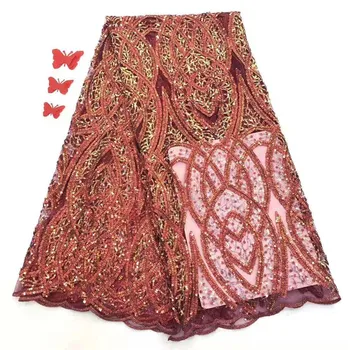 

2020 Latest African Lace Fabric High Quality French Net Embroidery Red Sequins Tulle Lace Fabric For Nigerian Party Dress