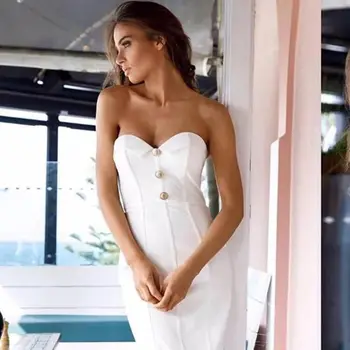 

Whie Bandage Dress Celebrity Strapless Sexy Button Evening Party Dresses Elegant Bodycon Women