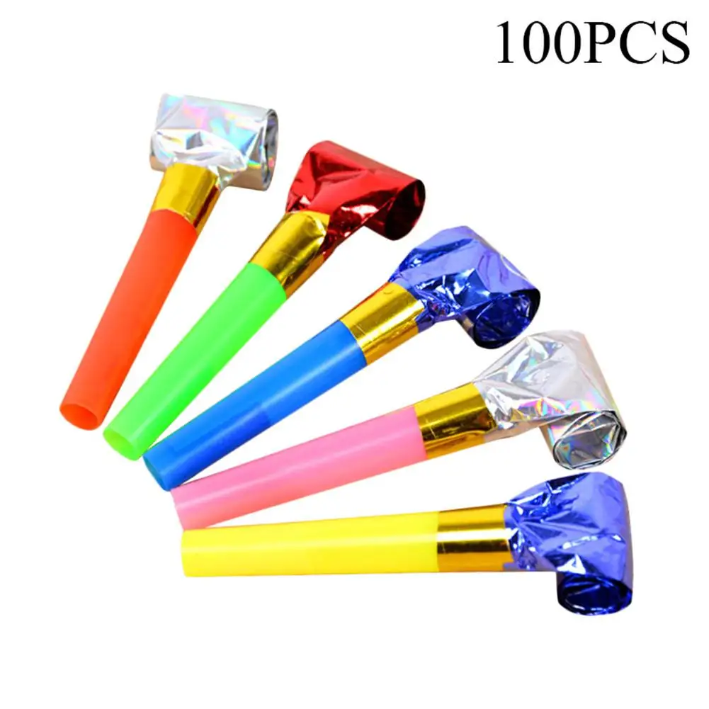 

100 PCS Birthday Party Entertaining Tool Cheering Prop Small Blowing Dragon Whistle Plastic Trumpet Golden Paper Blowing Dragon