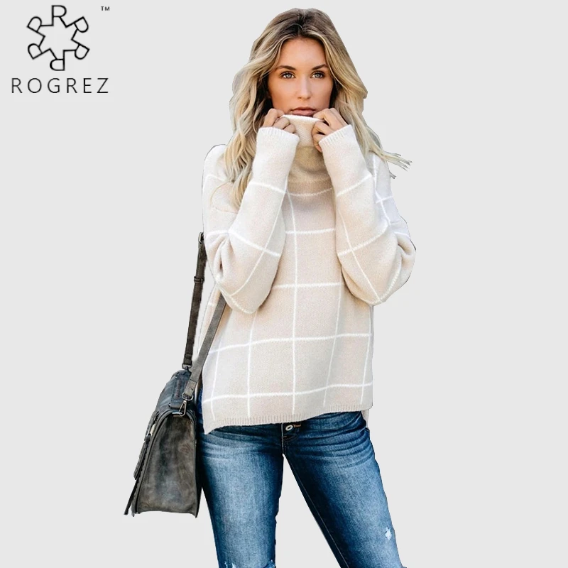 

ROGREZ Winter Sweater sueter mujer invierno Female Turtleneck Plaid Big Size Sweaters Women Knitted Cotton Pullover Sweater