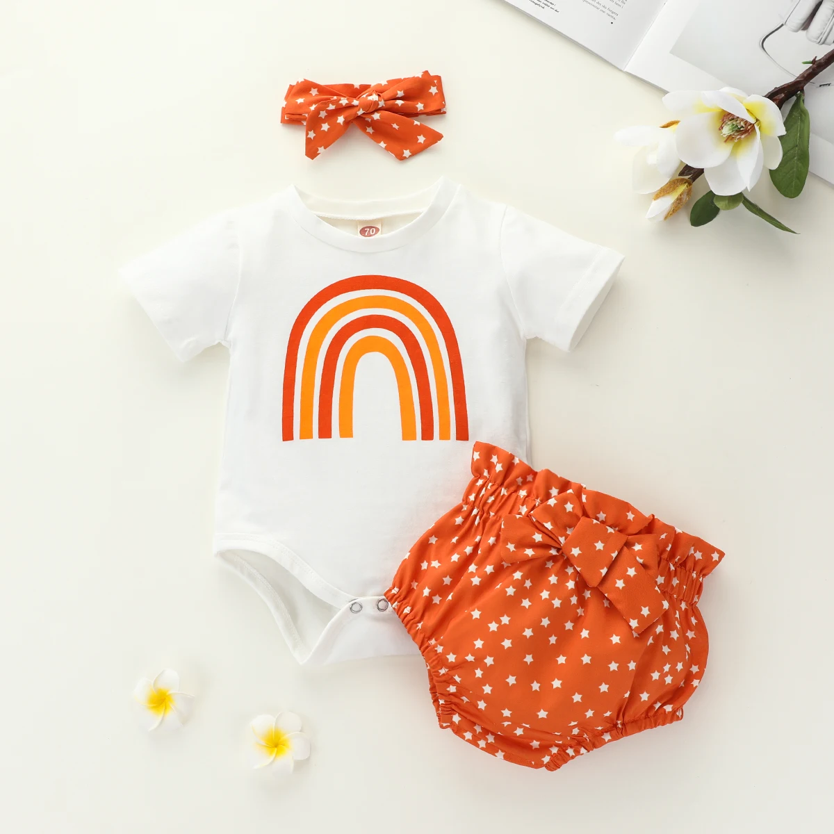

0-24M 3Pcs Rainbow Set Newborn Baby Girl Summer Shorts Outfit Bodysuit +Short Star Print Pants+Headband Clothes