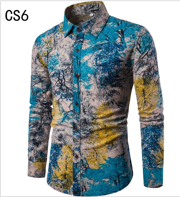 Kezrea Men's Spring and Autumn New Casual Pocket Shirt Slim Long Sleeve Linen Print Top Shirt
