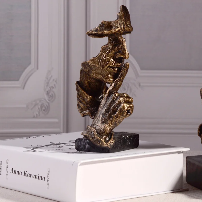 Billig Harz Kunst Stille Maske Figuren Abstrakte Schweigen Ist Gold Statuetten Maske Miniaturen Skulptur Hause Dekoration Kunstwerk G