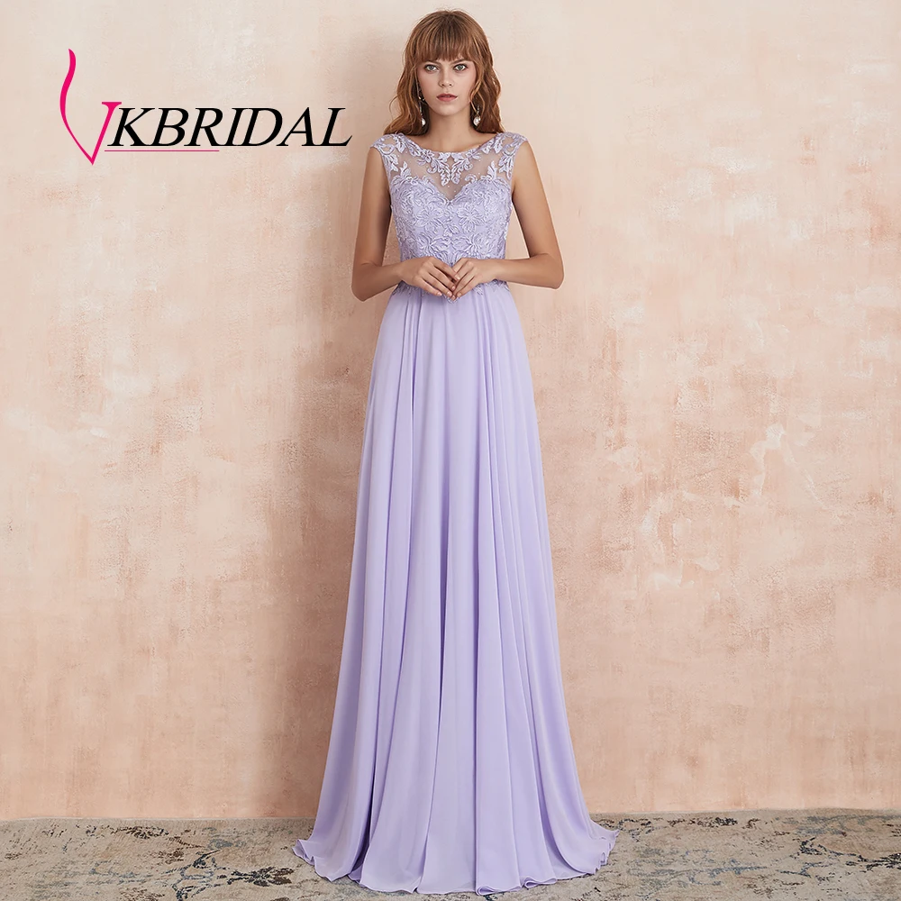 VKbridal Tank Top Illusion neck Chiffon Prom Wedding Party Gowns with Crystal Backless A-Line Lace Bridesmaid Dresses Long
