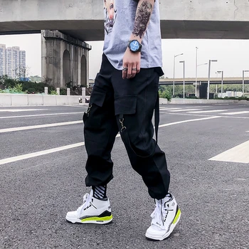 

New men's pants hip-hop hip-hop pants men's waist casual pants large pockets solid color straight work clothes functional wind