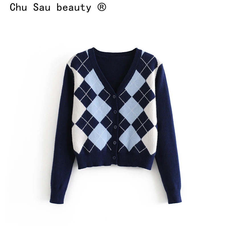 

Chu Sau beauty Autumn Winter Wear Office Lady Chic Plaid Printed Loose Sweaters Women Knitted Cardigans Elasticity Warm Tops