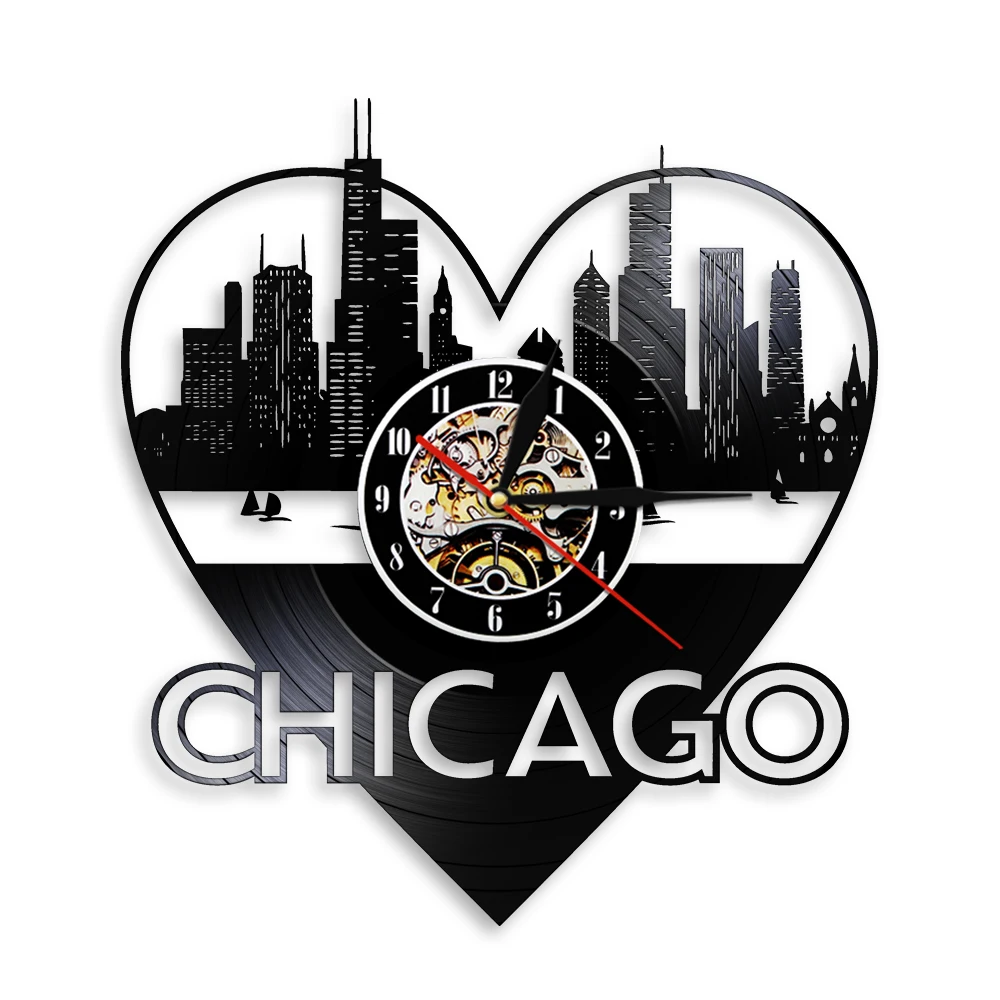 Chicago City Skyline Navy Pier Успокаивающая лампа ветреный город Иллинойс настенное искусство США тихий не тикающий винил LP запись настенные часы