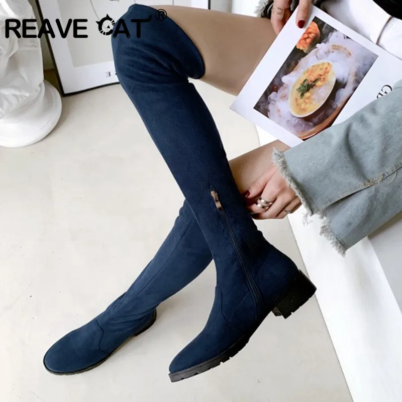 Женские ботфорты на меху REAVE CAT осенне-зимние сапоги из мягкой флока высоком