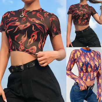 

Women Mesh Sheer Net See-through Flame Print Crop Top T Shirt Tee Blouse 2019