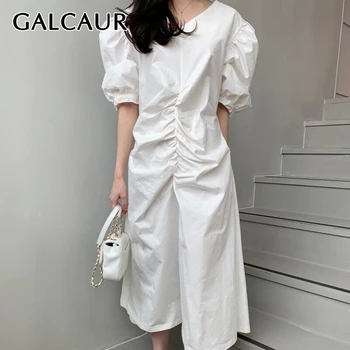 

GALCAUR Korean Ruched Dress For Women V Neck Puff Sleeve High Waist Oversize Loose Midi Dresses Female 2020 Summer New Clothes