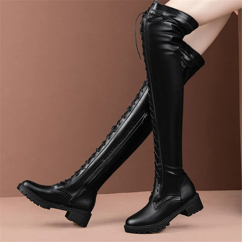 PXELENA bottes en cuir PU pour femme | Bottes cavalier au dessus du genou,  bottes de Combat militaire à talons moyens, chaussure d'hiver | AliExpress