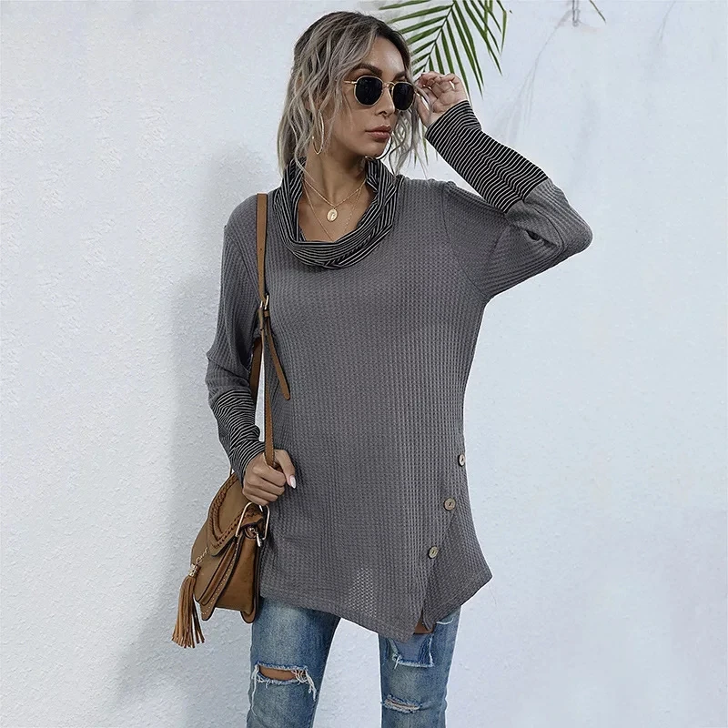 

Women Striped Patchwork Button Long Sleeve Black Gray Blouse 2020 Autumn Winter Heaps Collar Loose Fashion Female Pullover Tops