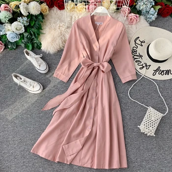

2019 New Autumn V Collar High Waist Thin A-line Dress Women Solid Color Long Sleeve Lace-up Vestidos De Fiesta J501