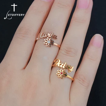 

Letdiffery Custom Daisy Flower Birthstone Name Rings for Women Stainless Steel Crystal Personlized Jewelry Unique Birthday Gifts