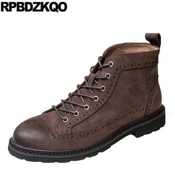 

korean full grain leather army booties handmade brogue lace up military short Men's shoes boots brown combat black suede genuine