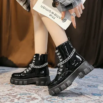 preço 2020 Nova Patente De Couro Das Mulheres Senhoras Tornozelo Botas Salto Médio Rendas Acima Do Trabalhador Do Exército Preto Goth Sapatos Outono Sexy Corrente Alta Qualidade