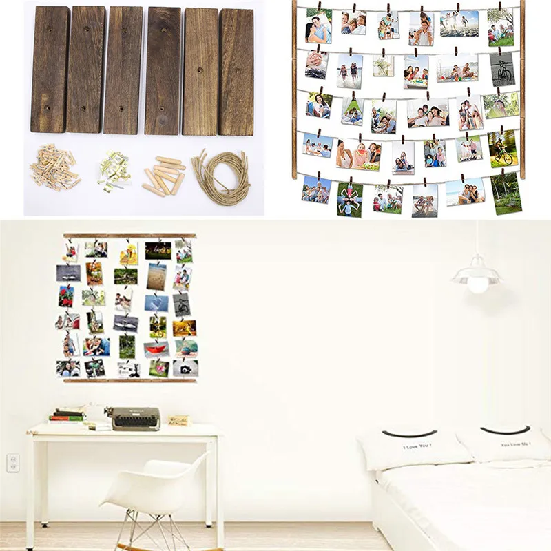 Деревянные с рисунком фоторамка для декора стен 26 × 29 дюймов с 30 зажимами коллаж художественные принты деревянная веревка фото папка A1