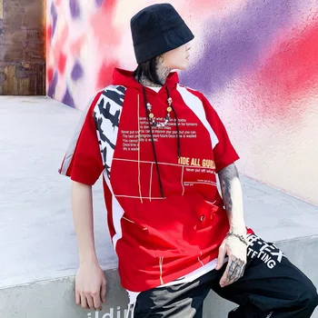 

Summer Hip hop Short Sleeve Oversized T Shirt Men Loose Hooded Tee Shirt Cool Men Printed Color Patchwork Tide Brand T-shirt