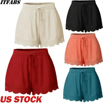 

Plus Size Summer Women Casual Beachwear Shorts Ladies Sports Shorts Cotton Hot Loose Breathable Lace-Up Lady Solid Shorts