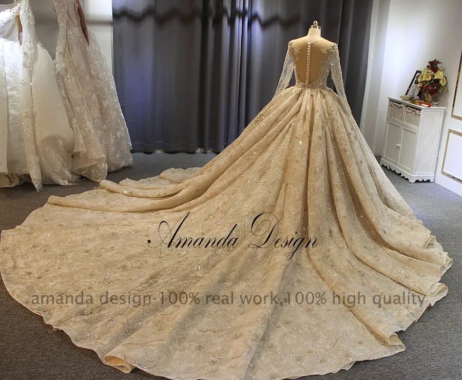 Аманда дизайн vestido de novia манга Ларга с длинным рукавом Кружева роскошные свадебное платье цвета шампань