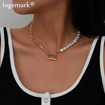 

Goth Baroque Pearl Toggle Clasp Chain Necklace Women Wedding Collares Minimalist Circle Lariat Choker Necklaces Femme Jewelry