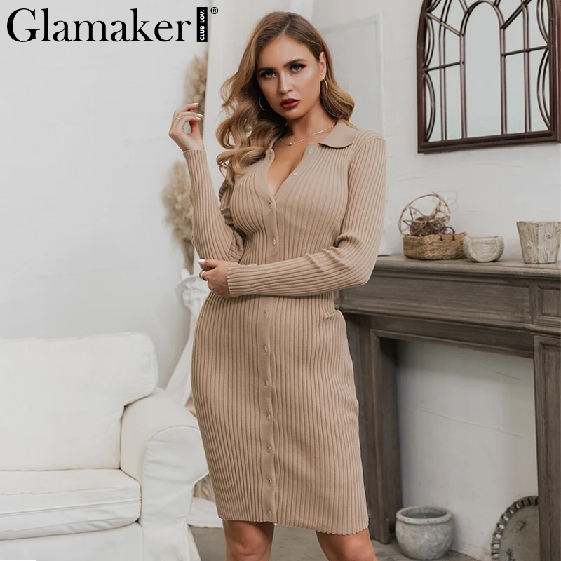 Повседневное Облегающее вязаное платье Glamaker свитер средней длины с длинным