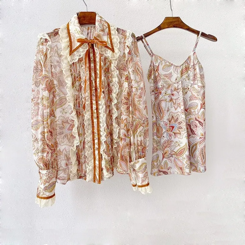 

High Quality Korean Fashion Clothing 2020 Autumn Paisley Lace Patchwork Long Sleeve Elegant Vintage Georgette Silk Blouse Shirts