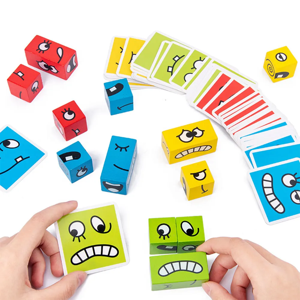 

Kids Wooden Toy Facial Expression DIY Puzzle Blocks Boys Girls Learning Toys Cards for Classroom Speech Therapy Materials