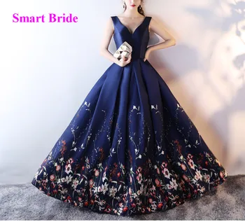 

Print Floral V Neck Prom Dresses Long 2020 Floor Length Corset Back Satin Ballgown for Women A-Line Formal Party Gowns STS16