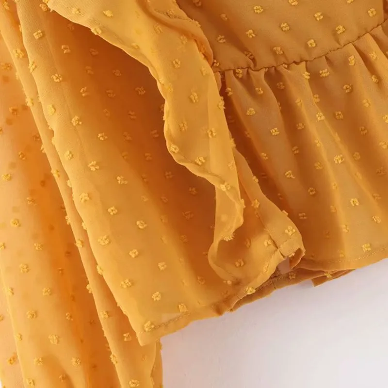 NSZ женская шифоновая блузка в горошек, элегантный укороченный Топ с длинным рукавом, круглый воротник, рубашка с оборками, Элегантная модная женская блузка