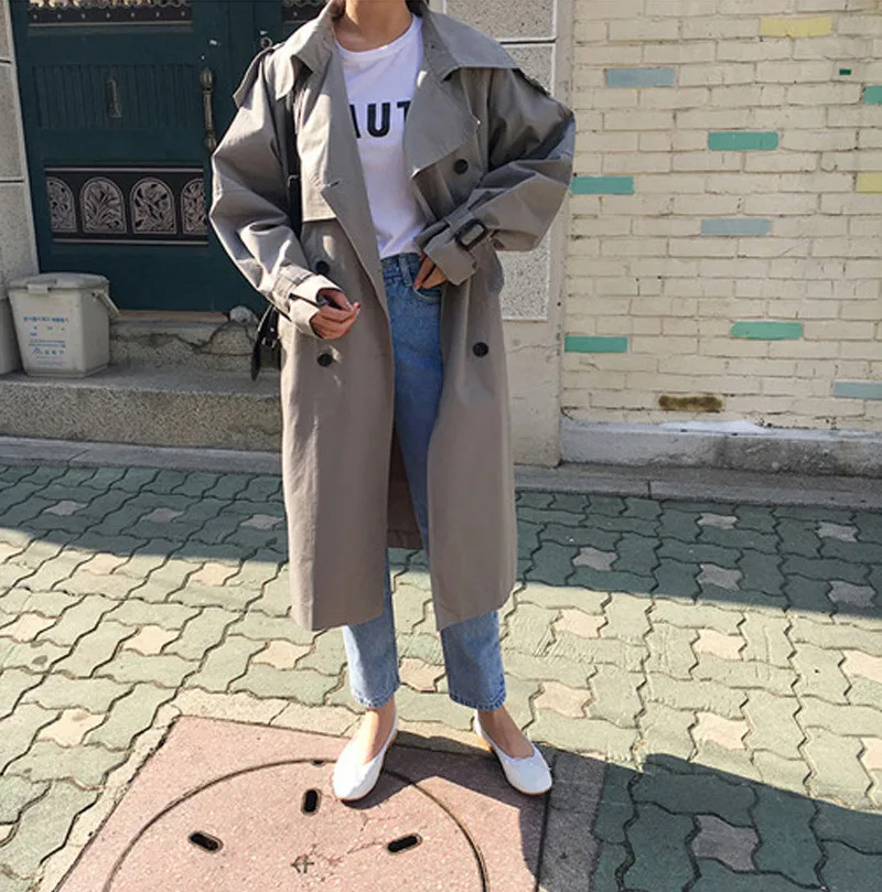 BGTEEVER, Осень-зима, Женский однотонный двубортный Тренч, пальто для женщин, длинная свободная Женская Повседневная ветровка, верхняя одежда, новинка