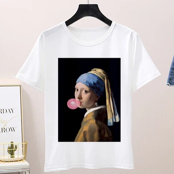 

Girl with a Pearl Earring Printed T-shirt Summer Harajuku burlesque maiden T shirt fashion retro casual short-sleeved Tshirt Top