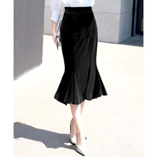 Осенне-зимняя женская Золотая Бархатная юбка русалки черный велюр эластичная талия английская Повседневная миди длинная юбка с рюшами 2276LY