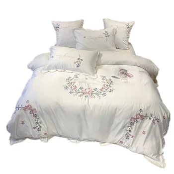 

Fashion embroidered bedding set Pure washed silk double-sided pattern Simplicity Bed sheet, quilt cover pillowcase 4pcs