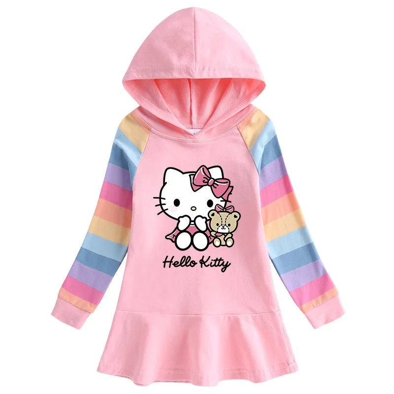 thumbnail image 1 of Hello Kitty primavera y otoño nuevo algodón dibujos animados Arco Iris niñas vestido de manga larga con capucha suéter vestido de princesa, 1 of 4